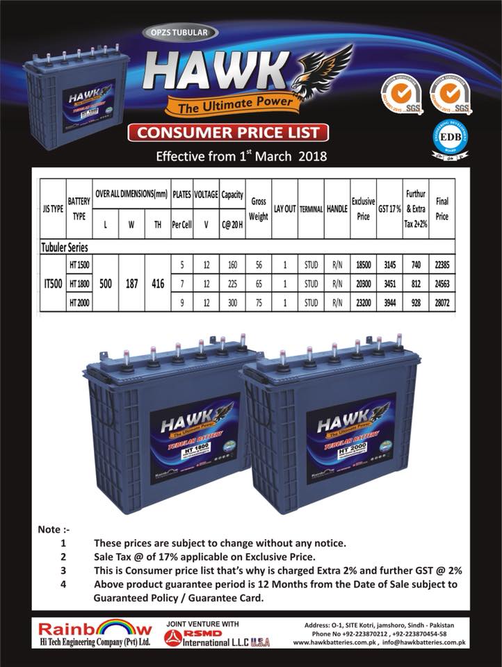 Price list of hawk batteries-hawk tubular battery price in pakistan 2019