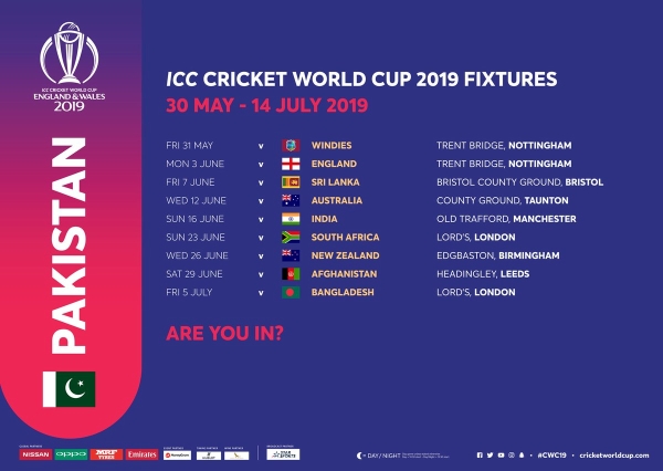 schedule-Pakistan schedule of world cup 2019